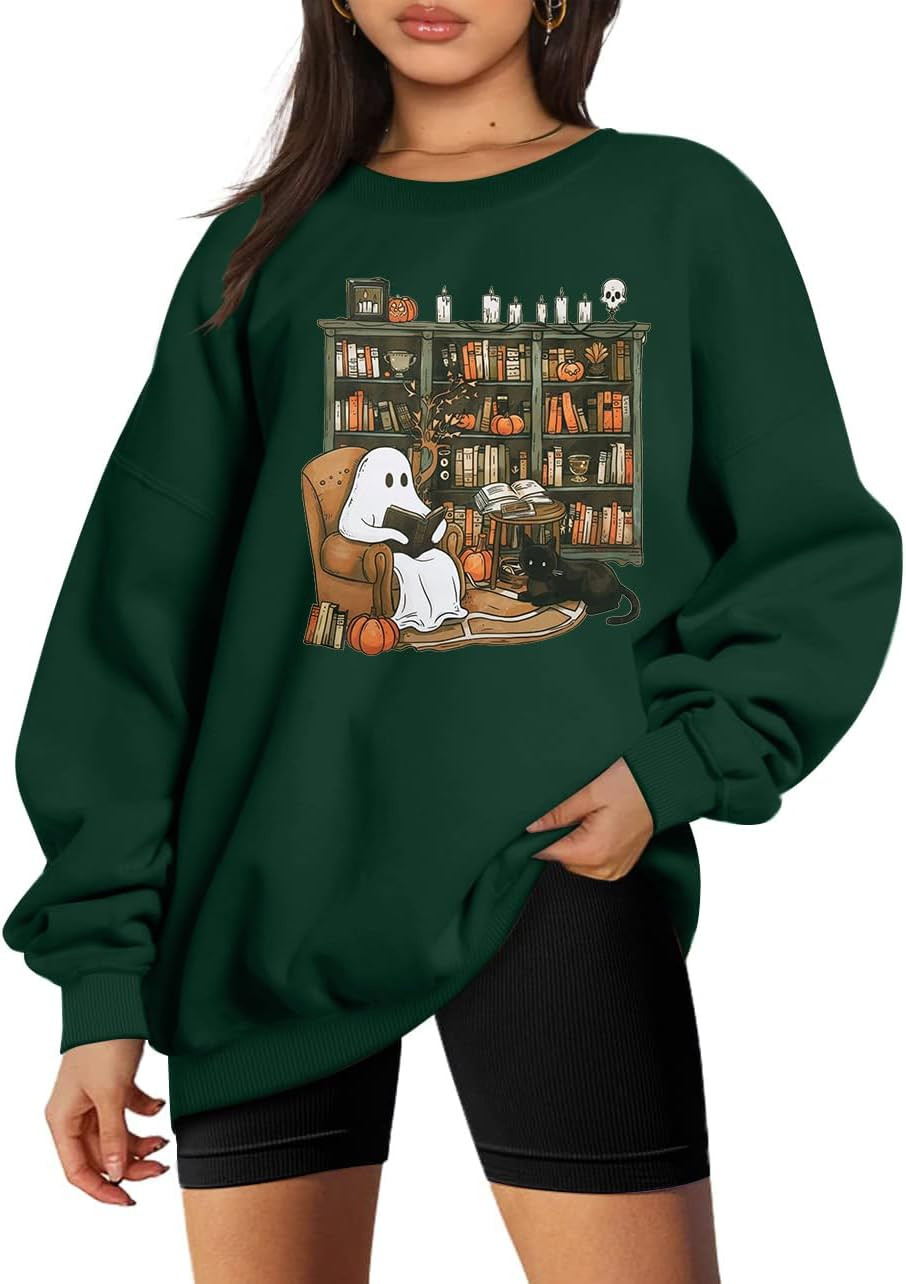 Halloween Sweatshirt for Women Spooky Ghosts Reading Books Graphic Sweater | Amazon (US)