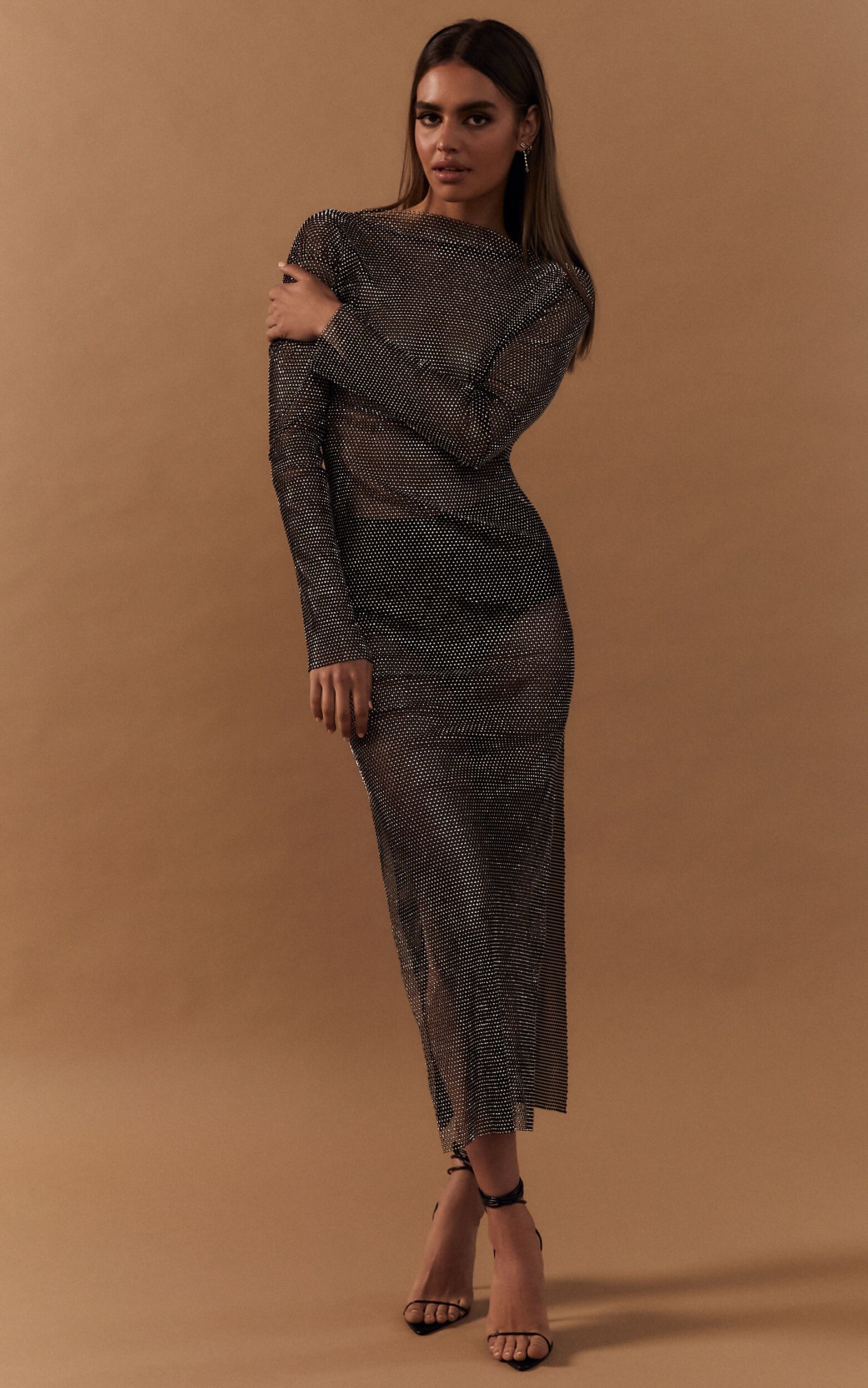 Katerina Maxi Dress - Long Sleeve Split Diamante Mesh Dress in Black | Showpo (US, UK & Europe)