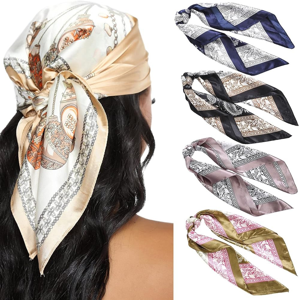 23.6 Inches Satin Head Scarves for Women 4PCS Square Silk Like Hair Scarves Silk Hair Bandanas | Amazon (US)