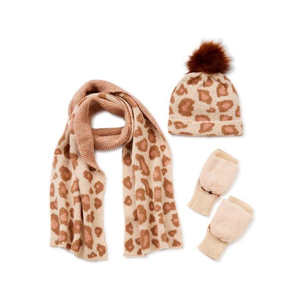 Scoop Women's Glam Faux Mohair Cheetah Beanie, Flip Top Mittens & Scarf, 3-Piece Set - Walmart.co... | Walmart (US)