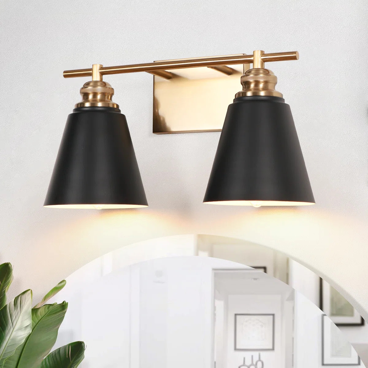 16" 2-Light Dimmable Black Gold Bathroom Vanity Light with Metal Shade | Wayfair North America