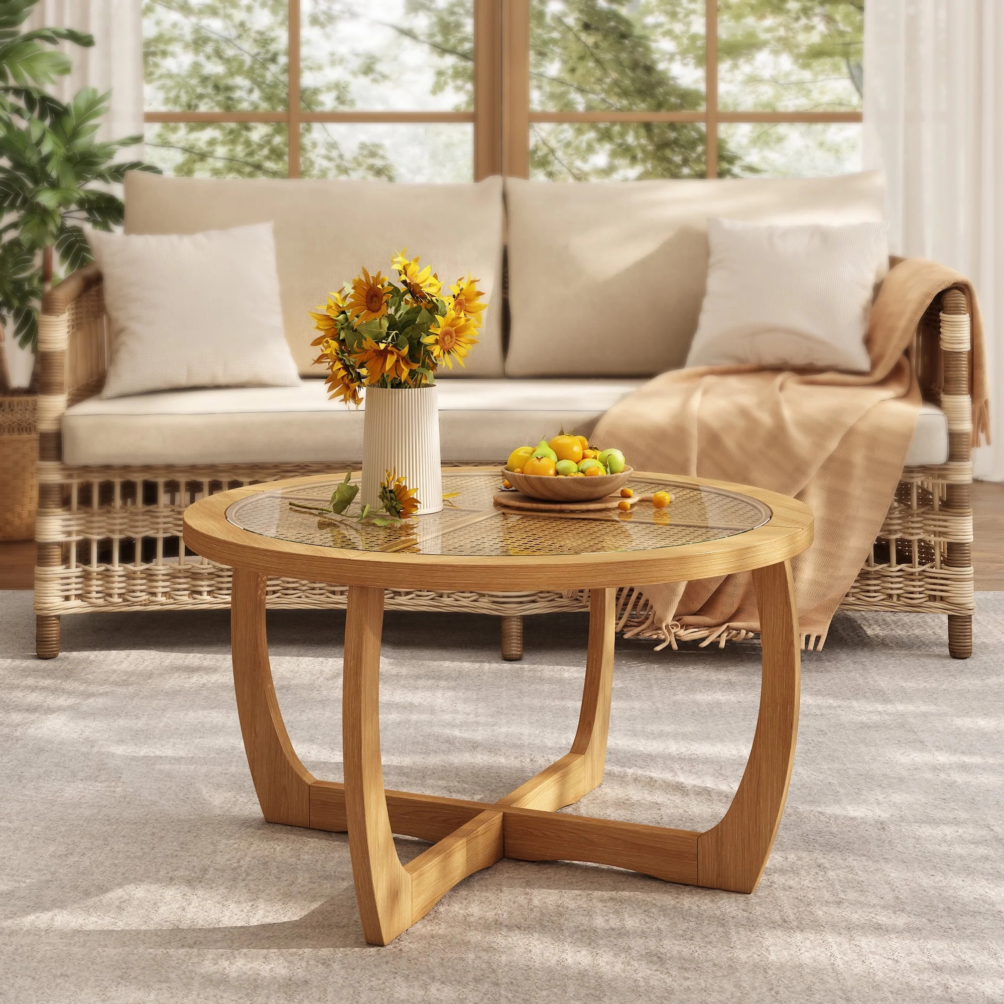 Round Wood Coffee Table with Glass Rattan Top, Wooden Circle Center Table with Curved Legs & Remo... | Walmart (US)