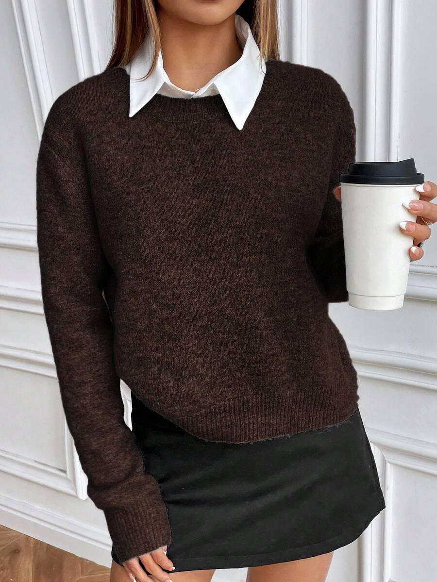 Pariaura Slouchy Solid Color Crew Neck Knit Long Sleeve Sweater | SHEIN