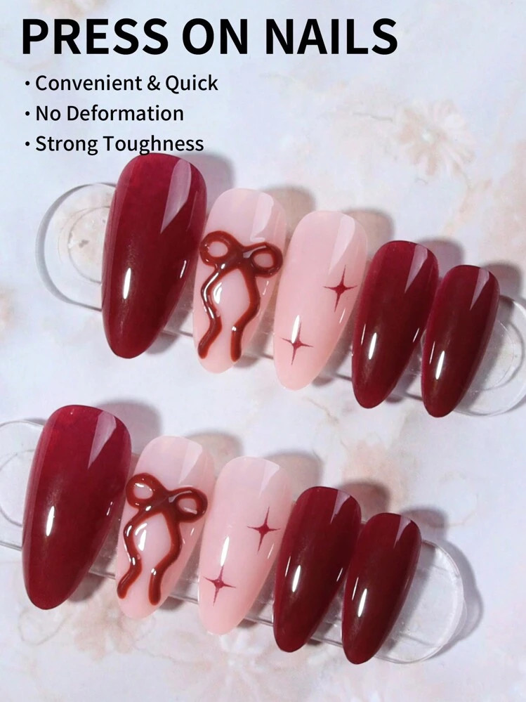 24Pcs Long Almond 3d Gelnails Makes Bow Design French Tip Press On Nails Medium Design Fit Perfectly Acrylic False Nails Set,Include: 1pc Jelly Glue And 1pc Nail File, French Almond Tip Nails And Valentine Nails Make Your Fingertips Shine And Beautiful,Very Suitable For Parties, Dancing And Daily Use | SHEIN