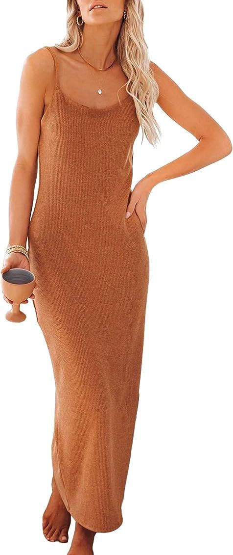 Yanekop Womens Summer Ribbed Midi Dress Spaghetti Strap Long Dress Side Slit Maxi Dress | Amazon (US)