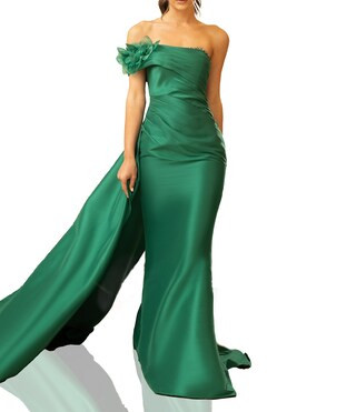 3D Applique One Shoulder Stretch Mikado Mermaid Gown | Dillard's