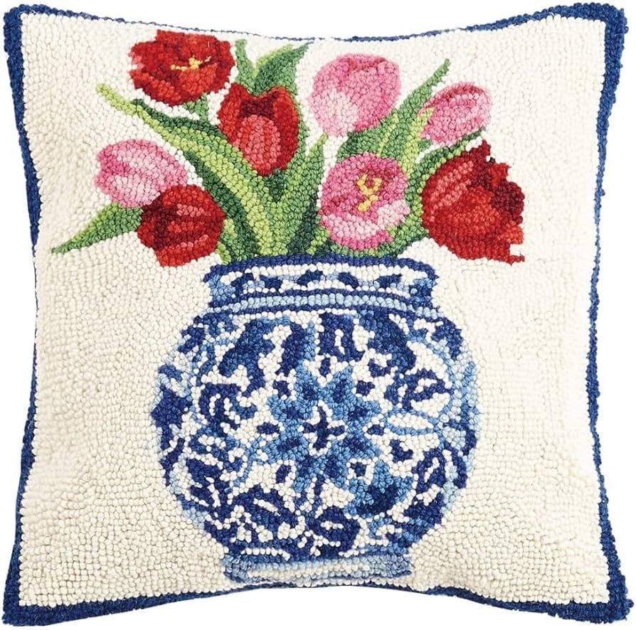 Peking Handicraft 30SER515AC16SQ Chinoiserie Vase Tulips Hook Pillow, 100% Wool and Cotton | Amazon (US)