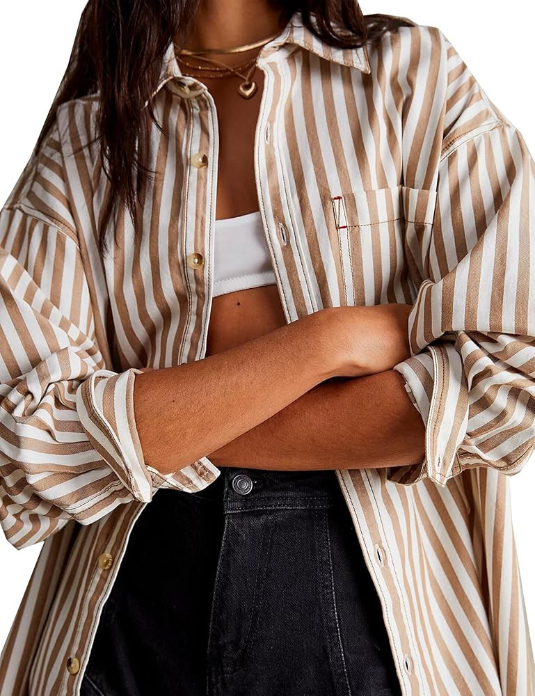 Womens Striped Oversized Button Down Shirts Long Sleeve Collared Blouses Shackets for Women 2024 | Amazon (US)