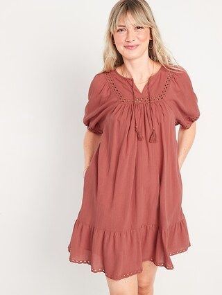 Puff-Sleeve Tie-Neck Eyelet Mini Swing Dress for Women | Old Navy (US)