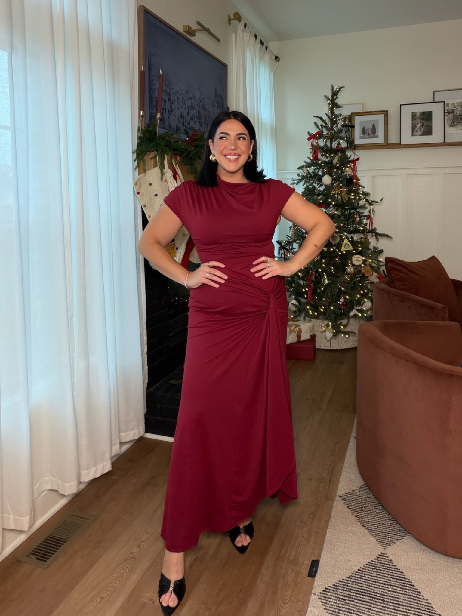 The cutest, stretchy and flattering holiday dress! The tie detail is so chic, love this one for a fancier party, winter wedding guest, or gala. So pretty! 

I'm in a size L, stretchy! 

#LTKMidsize #LTKHoliday #LTKSeasonal