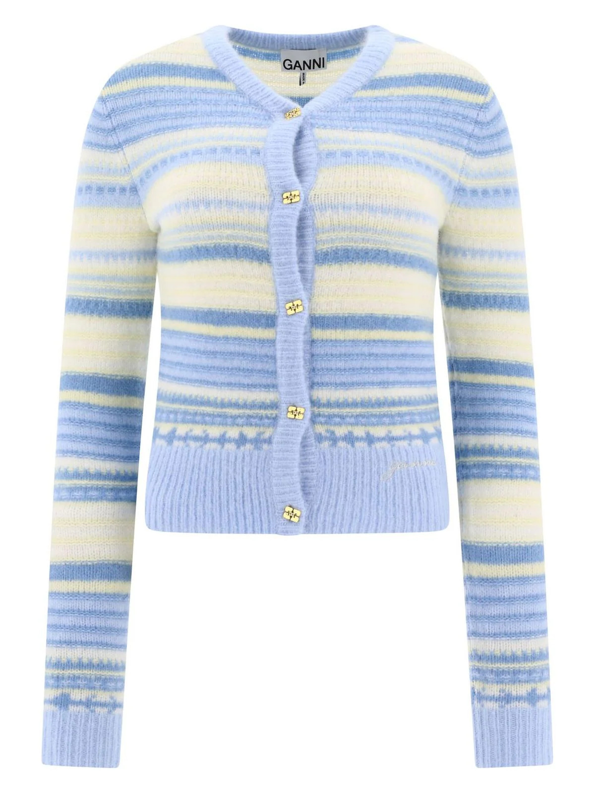 Ganni Women's Striped Cardigan in Light Blue | Size Large | K2257271 | LOZURI