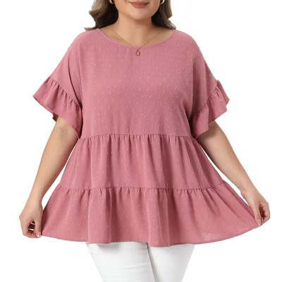 Women's Plus Size Swiss Dots Crew Neck Ruffle Short Sleeve Tiered Back Tie Summer Blouses - Agnes Orinda 4X Dark Pink | Target