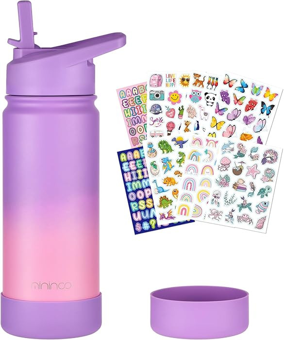 mininoo Kids Water Bottle for School, 16oz Stainless Steel Insulated Water Bottle Kids with Straw... | Amazon (US)