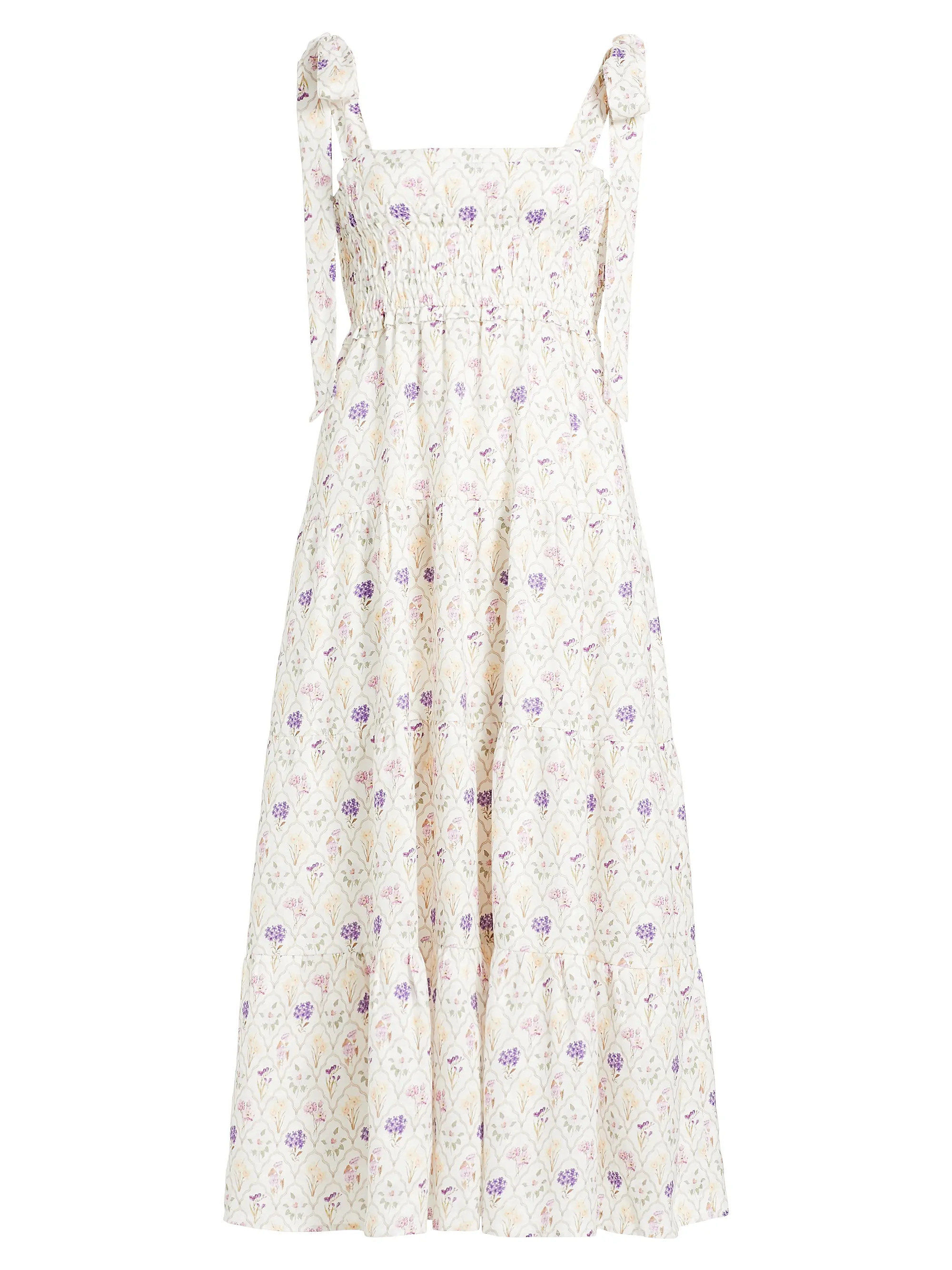 Shop Kivari Fleur Smocked Linen-Cotton Midi-Dress | Saks Fifth Avenue | Saks Fifth Avenue