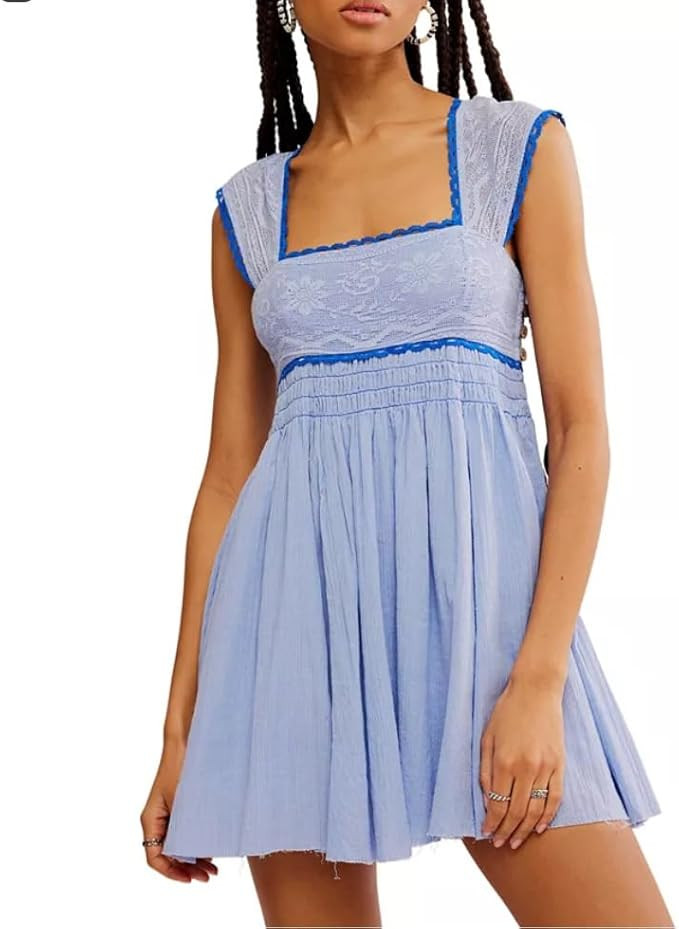 utcoco Women's 2025 Summer Smocked Square Neck Mini Dress Sleevelss Backless A-line Swing Babydol... | Amazon (US)