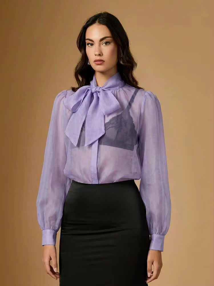 Briarwyn Women's Solid Color Collar Long Sleeve Elegant Lace Seductive Blouse Date Night Purple S... | SHEIN