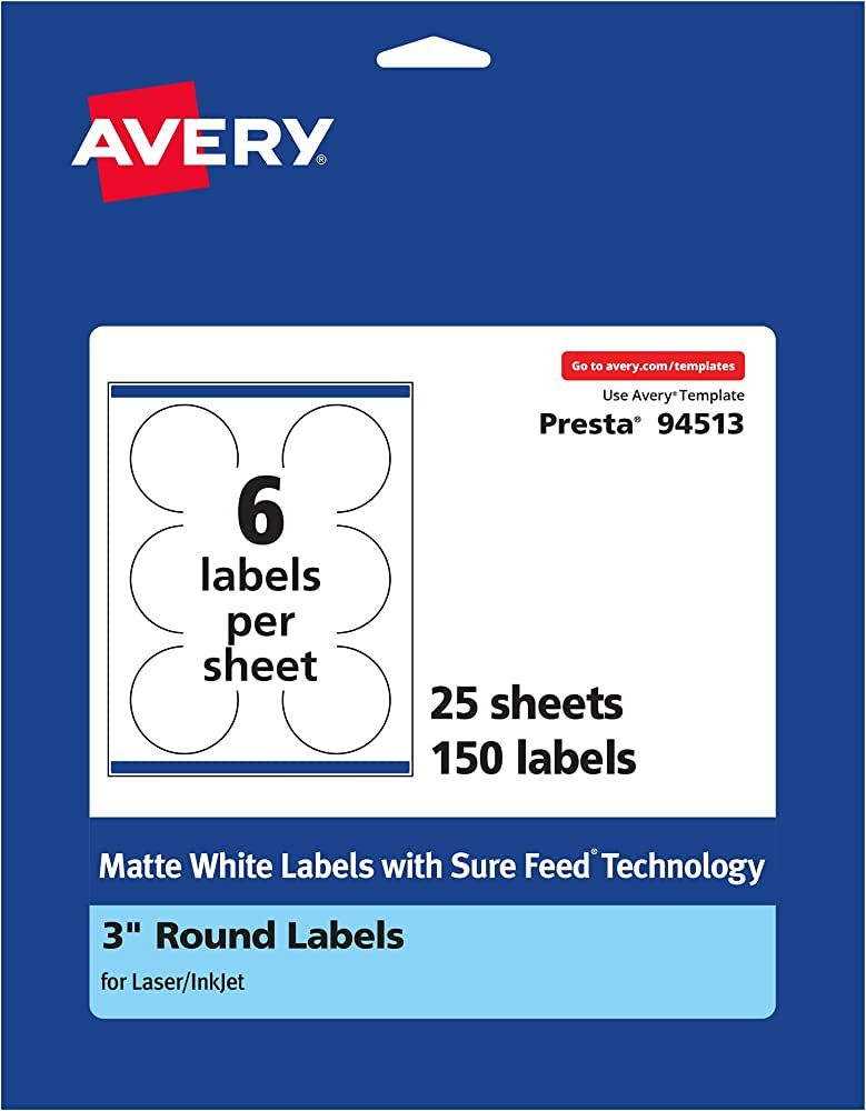 Avery Matte White Round Labels with Sure Feed, 3" diameter, 150 Matte White Printable Labels | Amazon (US)