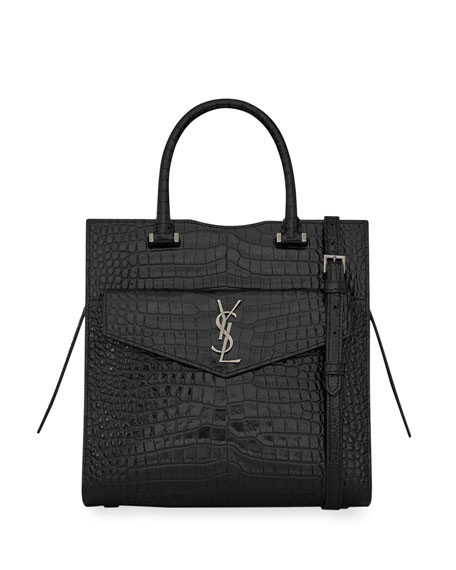 Saint Laurent Uptown Baby Croc-Embossed Shoulder Bag w/ Clutch | Neiman Marcus