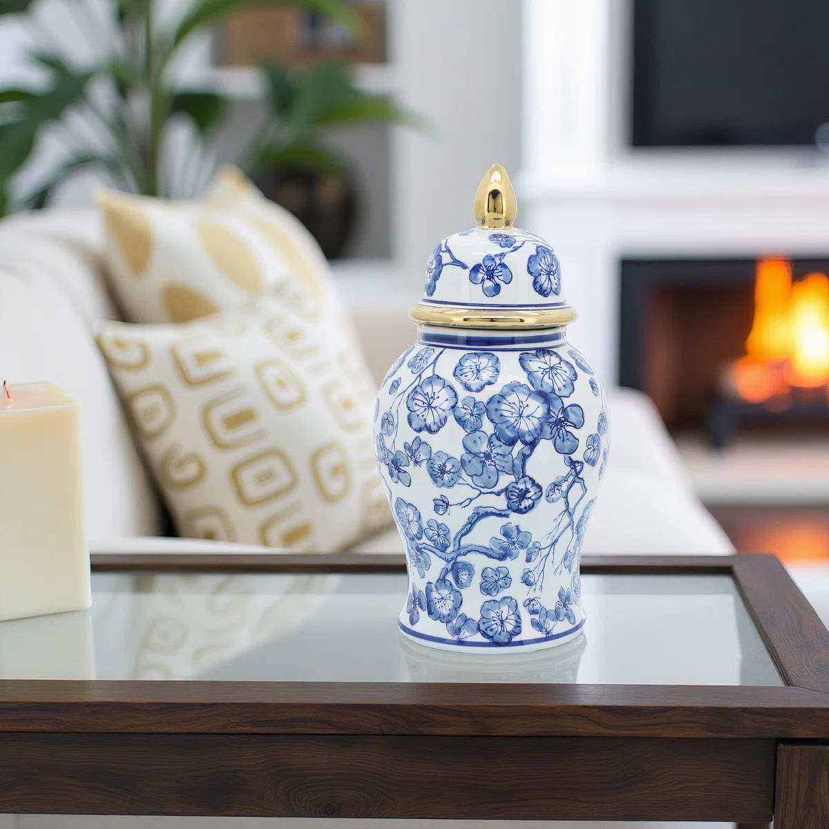 Manado 14" Ceramic Temple Jar with Lid Contemporary Vintage Style Blue and White Chinoiserie Flor... | Wayfair North America