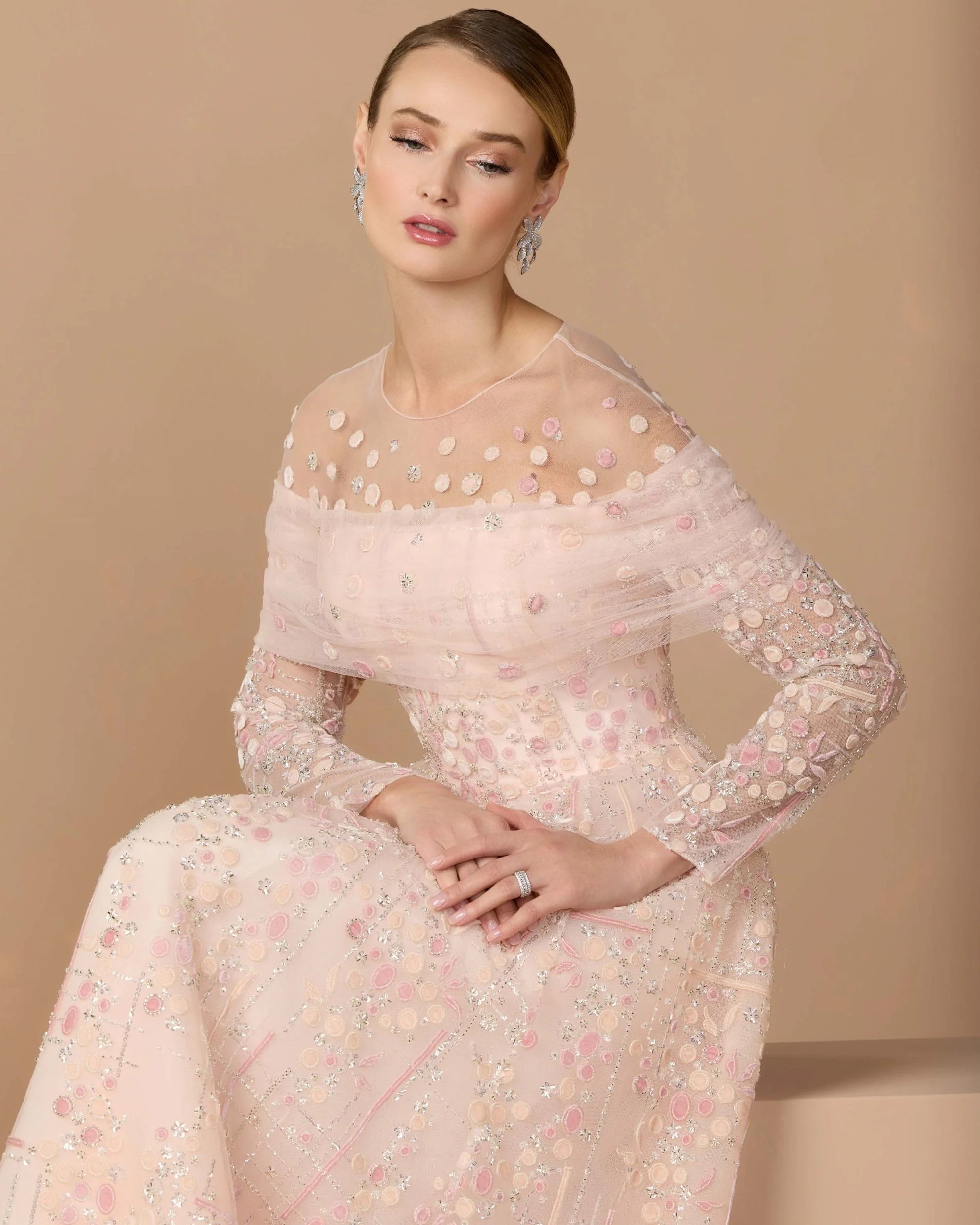 Pink Embroidered Illusion Long Sleeve Ball Gown | Mac Duggal | Mac Duggal