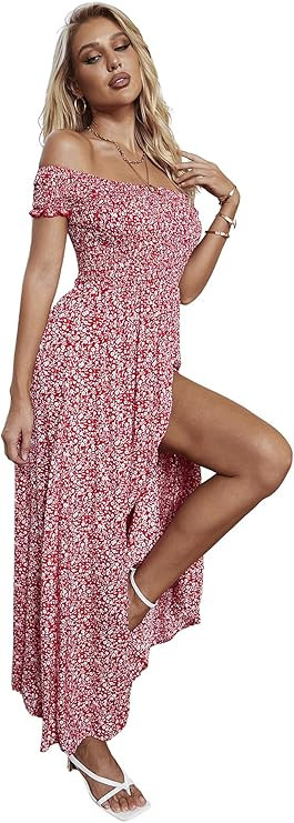 Floerns Women's Boho Floral Print Off Shoulder Split Long A Line Dress | Amazon (US)