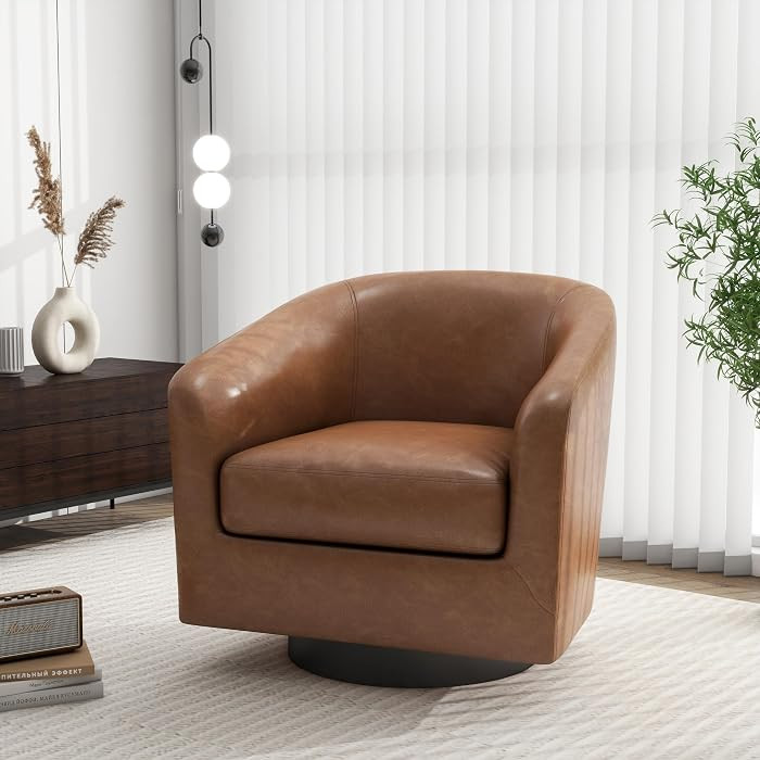 Swivel Barrel Accent Chair, Modern Round Faux Leather Arm Chair for Living Room, Bedroom, Comfy C... | Amazon (US)