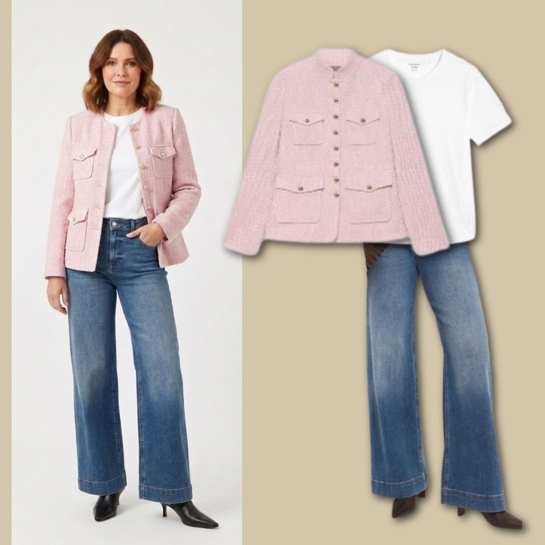 A classic outfit with a very feminine pink jacket, perfect for spring 