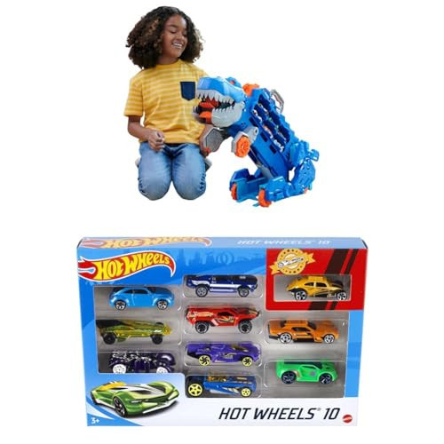 Bundle of Hot Wheels City Track Set, Ultimate T-Rex Transporter, Hauler Transforms into Stomping Dino with Race Track + Hot Wheels Set of 10 Toy Trucks and Cars, Styles May Vary (Amazon Exclusive) | Amazon (US)