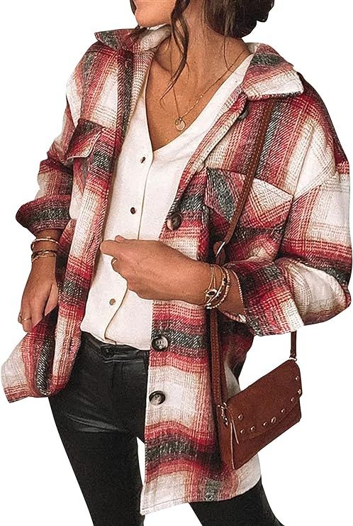 Womens Plaid Coat Lapel Button Down Loose Pocketed Wool Outcoat Casual Shacket Classic Jacket Rol... | Amazon (US)