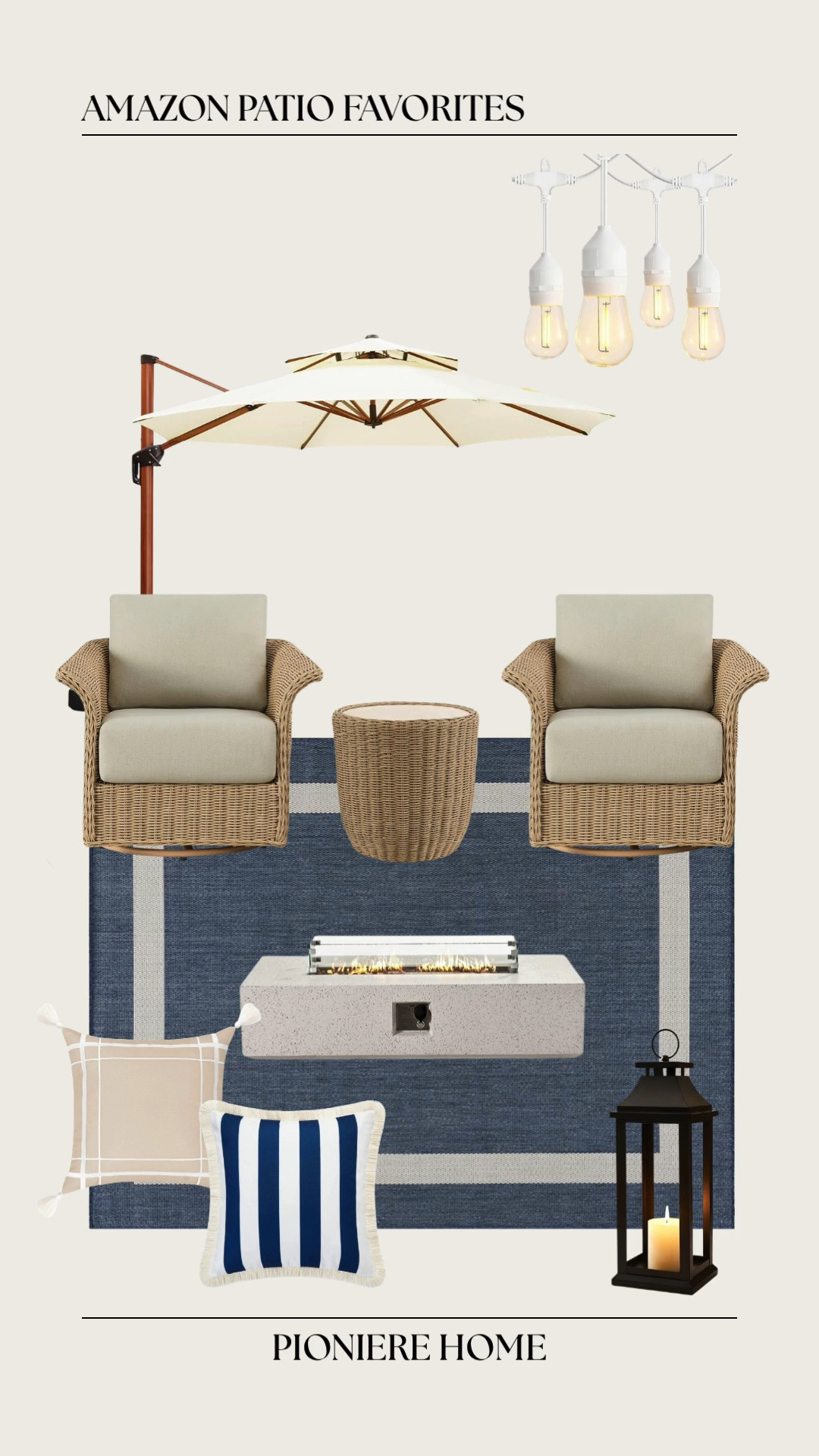Amazon patio favorites. Neutral patio, patio swivel chairs, white string lights, outdoor umbrella, outdoor rug, firepit table, outdoor throw pillows, affordable outdoor furniture and decor

#LTKSeasonal #LTKHome #LTKSaleAlert