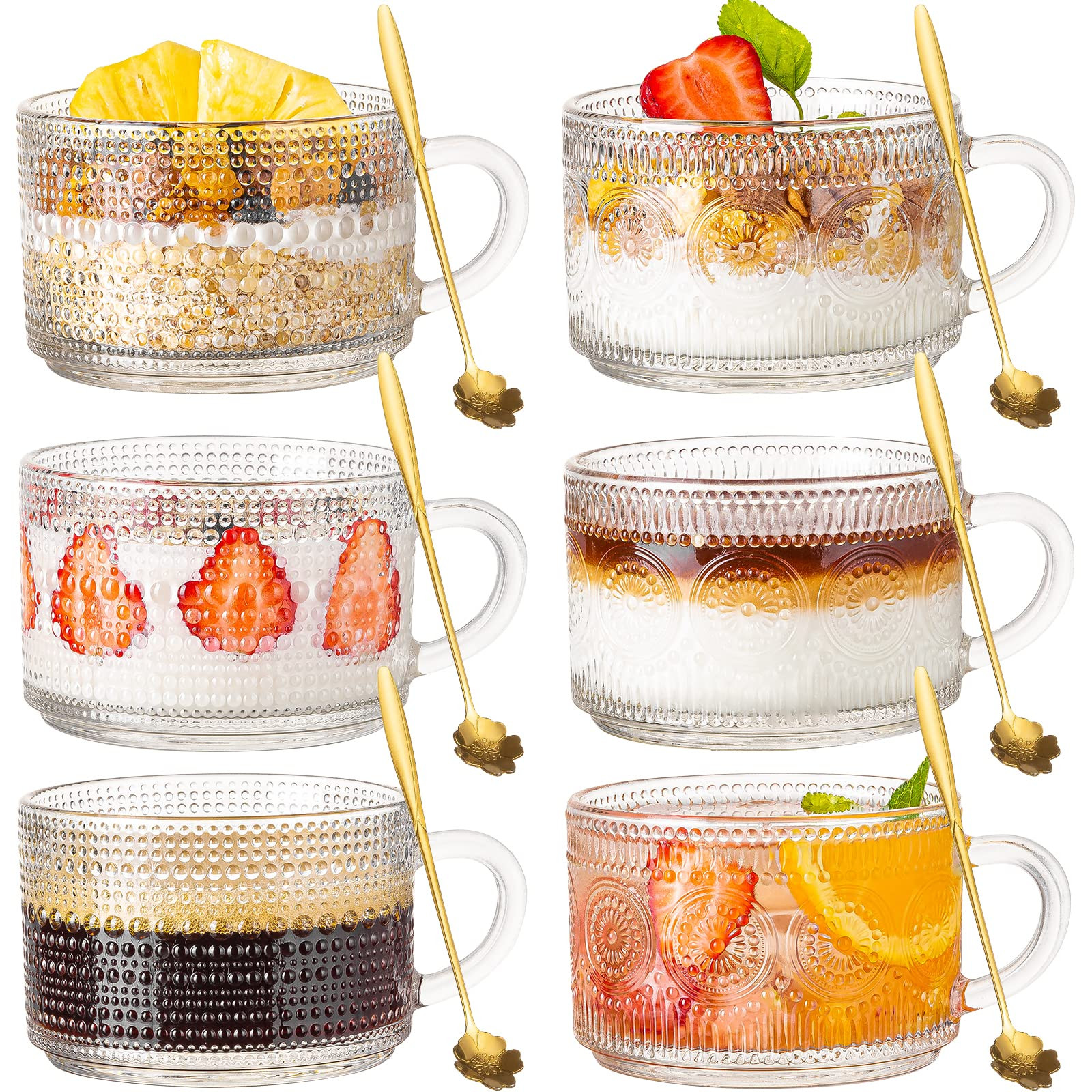 Vintage Glass Coffee Mugs Set of 6, 14 oz Tea Cups With Handle, Clear Embossed Glassware, 6 Spoon... | Amazon (US)