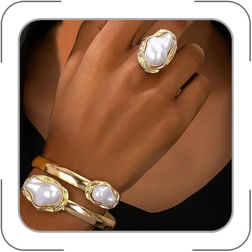 Pearl Jewelry Set for Women Vintage Irregular Pearl Bracelet Rings Set Chunky Cuff Bracelet Gold ... | Amazon (US)
