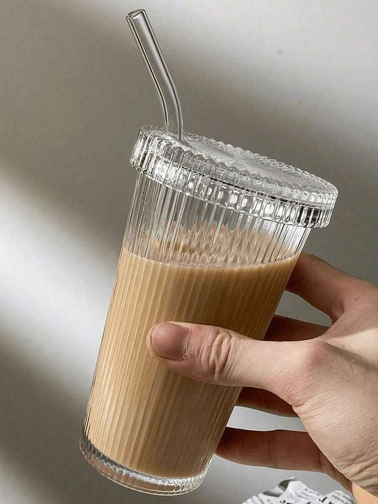 1 380ML Striped Coffee Cup, Heat-Resistant Lid Straw Glass Cup, Iced Coffee Cup, Drinking Cup, Summer And Winter Drinking Ware, Restaurant Glass Cup, Milk Cup, Iced Coffee And Juice Cup, Home, School, Office, Portable Water Bottle And Cup For Car Travel | SHEIN