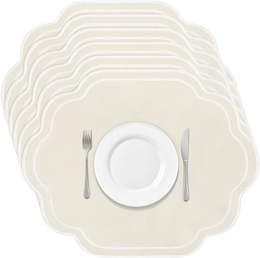 Breling 6 Pcs Wedding Placemats Scalloped Embroidered Cotton Linen Placemats 17" x 13" Double Lay... | Amazon (US)