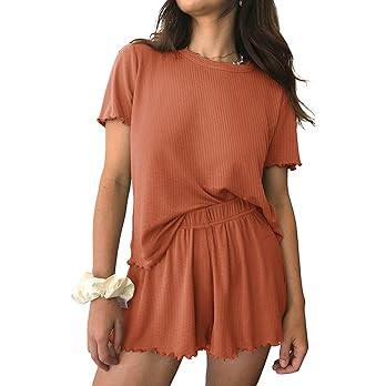 Ekouaer Womens Pajamas 2 Piece Ribbed Knit Pjs Short Sleeve Sleepwear Set Summer Soft Pajamas Set... | Amazon (US)