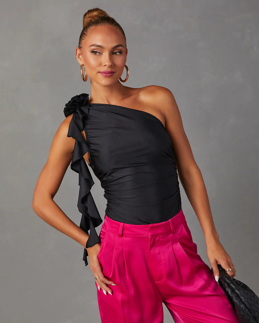 Amarissa One Shoulder Rosette Ruffle Bodysuit | VICI