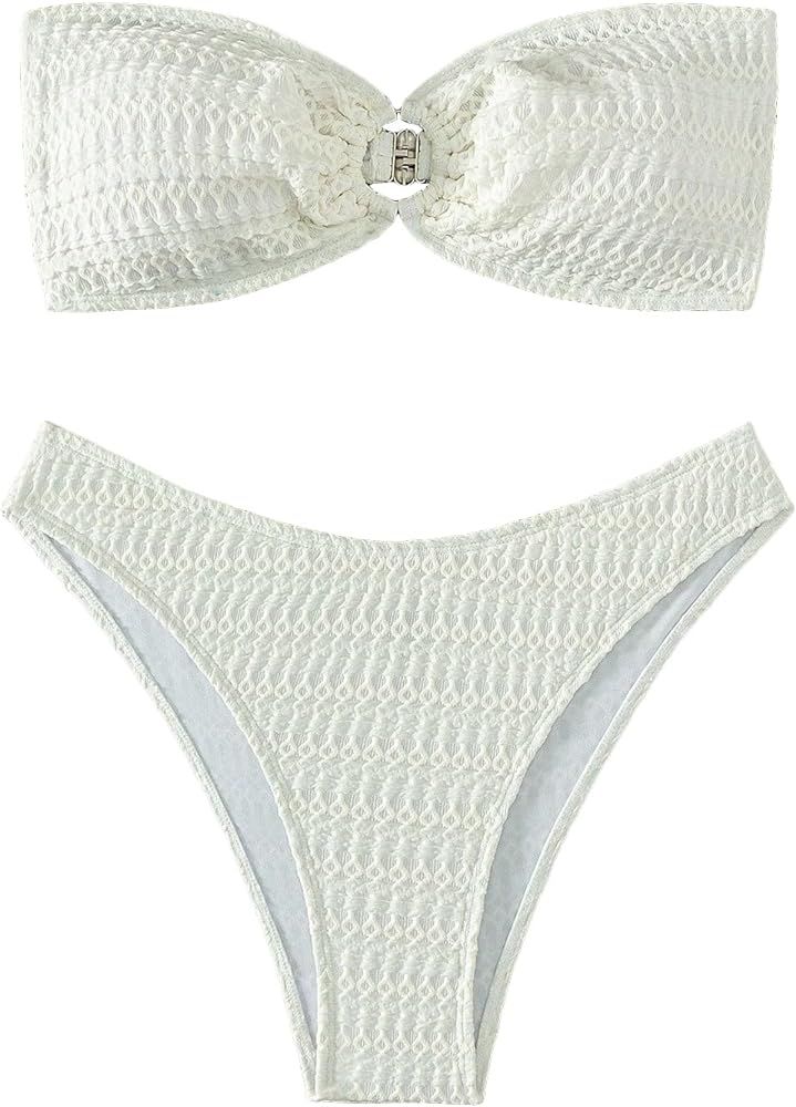SHENHE Women's 2 Piece Strapless O Ring High Cut Bandeau Swimsuit Bathing Suit Bikini Sets | Amazon (US)