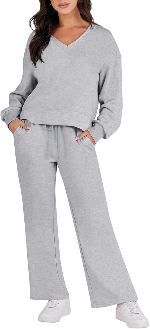 Caracilia Women's Two Piece Outfits Matching Sets Long Sleeve Pullover Tops and Wide Leg Pants Tr... | Amazon (US)
