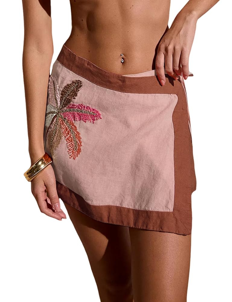 Huaqiao Women's Embroidered Wrap Mini Skirt Summer Cotton Linen Tie Side High Waist A Line Beach ... | Amazon (US)