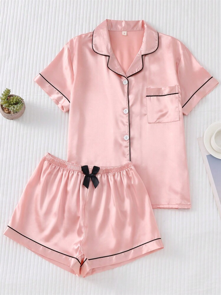 2pcs/Set Satin Pajama Set For Women, Short Sleeved Turn-Down Collar Top And Bowknot Shorts, Home Clothing,Two Piece Set | SHEIN