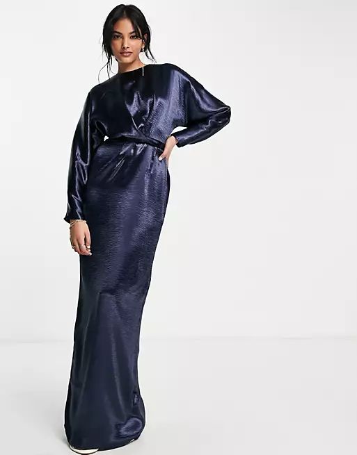 ASOS DESIGN maxi dress with batwing sleeve and wrap waist in navy satin | ASOS | ASOS (Global)