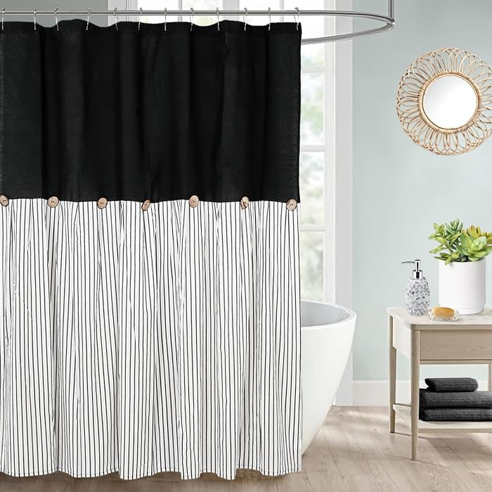 DOSLY ID\u00c9ES Farmhouse Black Shower Curtain,Beige and Black Stripe,Button Curtain,Linen and C... | Amazon (US)
