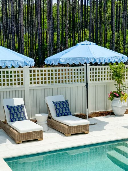 Our outdoor cabana and pool deck featuring woven chaise lounge chairs, light blue double scalloped umbrellas, reversible block print pillows,and concrete style side table!
.
#ltkhome #ltkfindsunder50 #ltkfindsunder100 #ltkseasonal #ltkstyletip #ltksalealert

#LTKHome #LTKSeasonal #LTKSaleAlert