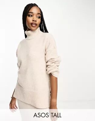 ASOS DESIGN Tall longline sweater with high neck in oatmeal | ASOS (Global)