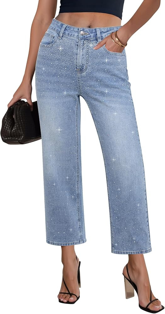GRAPENT Cropped Jeans for Women High Waisted Straight Leg Embellished Rhinestone Concert Party Ni... | Amazon (US)