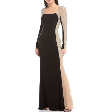 Caviar Beaded Mesh Panel Long Sleeve Contrast Matte Jersey Square Neck Mermaid Gown | Dillards