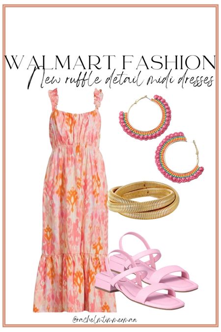 How cute is this new Walmart midi dress! It comes in four colors. I especially love this pink and orange print. The earrings, bracelet, and sandals are all Walmart as well. 

Walmart fashion. Walmart new arrivals. Midi dress. LTK under 50. 