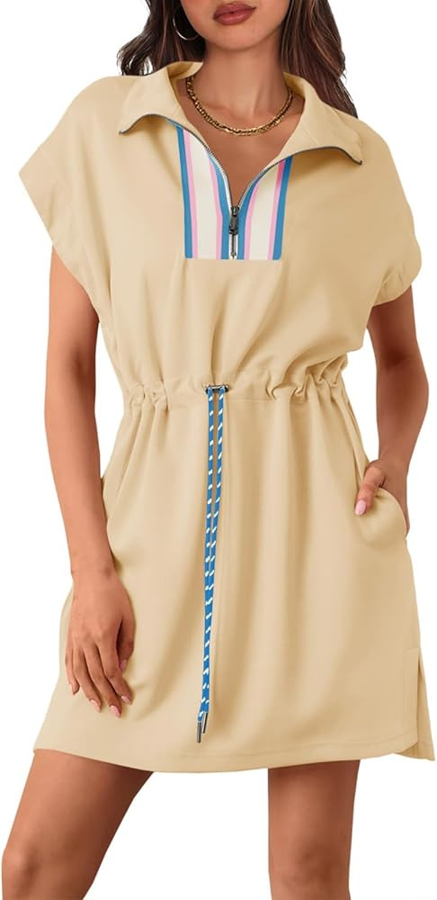 Fisoew Womens Short Sleeve Mini Dress Summer Quarter Zip V Neck Casual Sweatshirt Dresses with Dr... | Amazon (US)