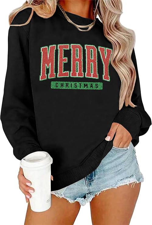 Merry Christmas Sweatshirts for Women: Glitter Merry Sweatshirt Xmas Gift Holiday Long Sleeve Pul... | Amazon (US)