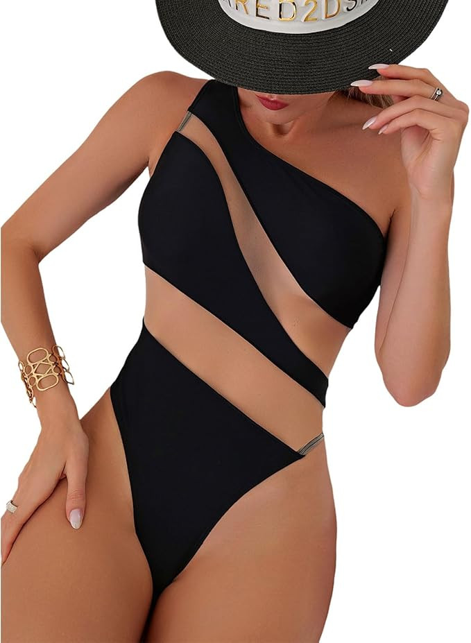 Women's one-Piece Swimsuit mesh Paneled one-Shoulder Sexy Tummy-Controlling Monokini | Amazon (US)